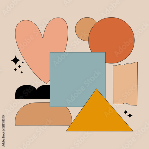 Geometric shapes such as triangles, rectangles, and circles are arranged in a chaotic yet balanced order. The main colors are yellow, orange, blue.