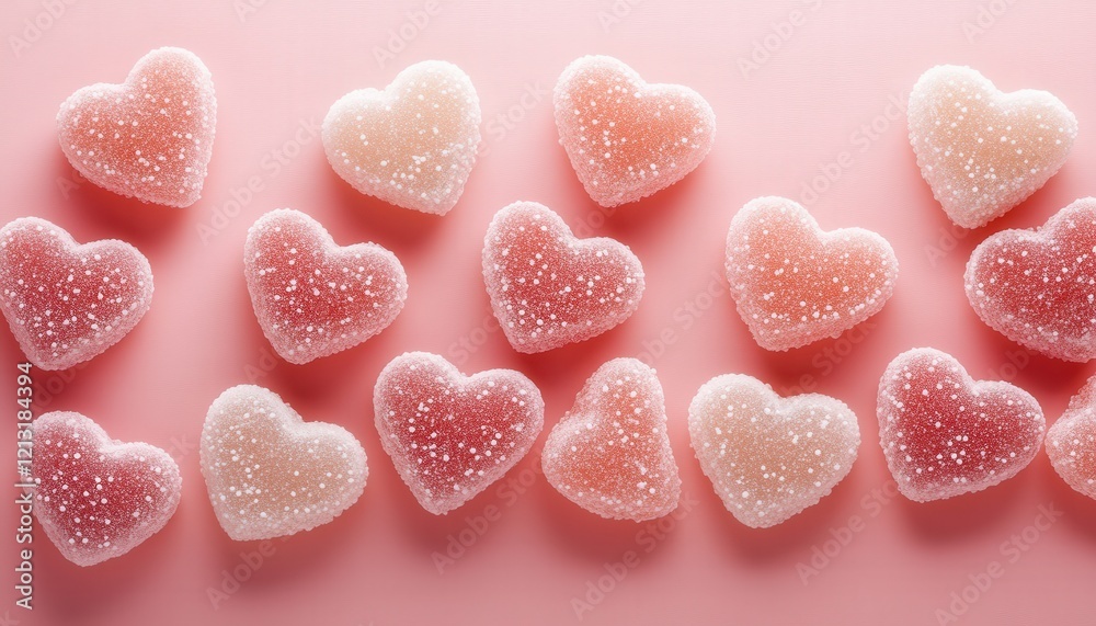 Obraz premium Sweet Heart Shaped Gummies Candy on Pink Background Valentine s Day Treats