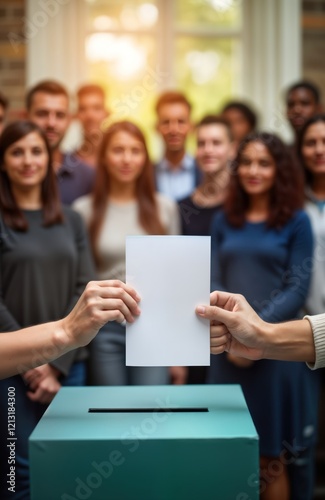 Diverse people vote at polling station. Hands hold blank voting papers. Citizens are casting their ballots in democratic process. Indoor setting. Important political moment. Focus on civic engagement.