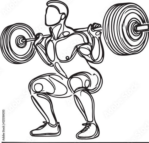 Vector Drawing of a Weightlifter Lifting Heavy Barbell with Muscular Detail