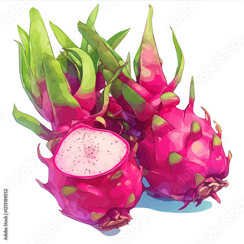 Dragon Fruit Tree with Ripe Fruit | Exotic Watercolor Botanical Illustration.  
