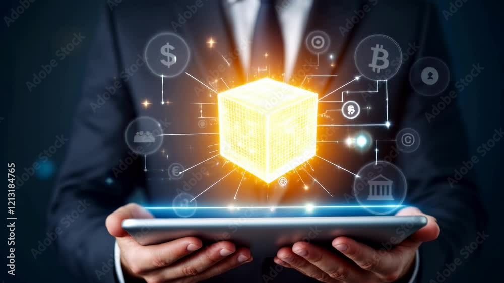 Digital glowing blockchain cube floating over tablet device. Futuristic fintech technology, cryptocurrency and digital banking concept for business presentation with copy space