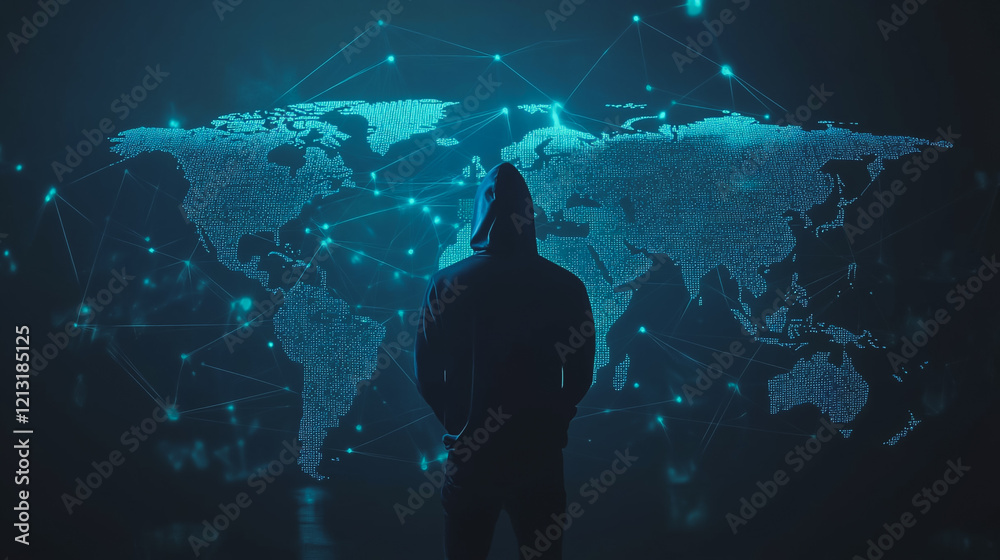 Obraz premium Hacker are planning to hack and attack networks and cyber security systems.team people innovation connection of line from nail node to node on map background , networking concept