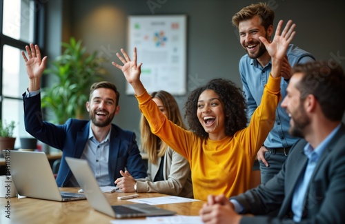 Happy young business people in smart casual wear fun during meeting in creative office. Smiling, raising hands, likely participating in discussion QA. Teamwork, collaboration evident. Energetic photo