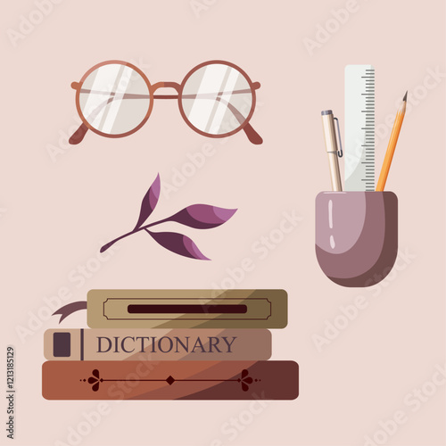 Set of hand drawn reading objects in flat cartoon stylisation. Collection of bookworm stickers in warm colours. Book lover illustration