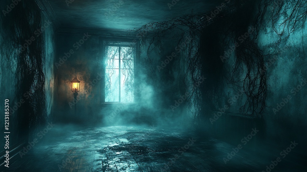 Spooky room, vines, window, fog, lantern, mystery, horror game Spooky room, vines, window, fog, lantern, mystery, horror game