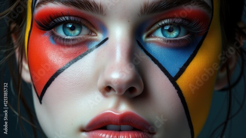 Experimental makeup showcasing bold geometric shapes in vivid colors, emphasizing creative artistry.