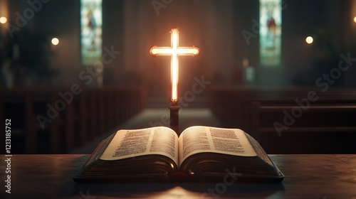 Glowing cross above an open Bible illuminating its pages in a peaceful church environment