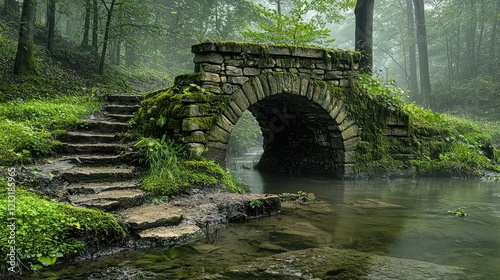 Misty forest stone bridge creek steps nature path landscape