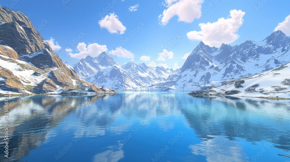 Naklejka premium A tranquil lake surrounded by snowy mountains, with clear blue skies and a few wispy clouds drifting by