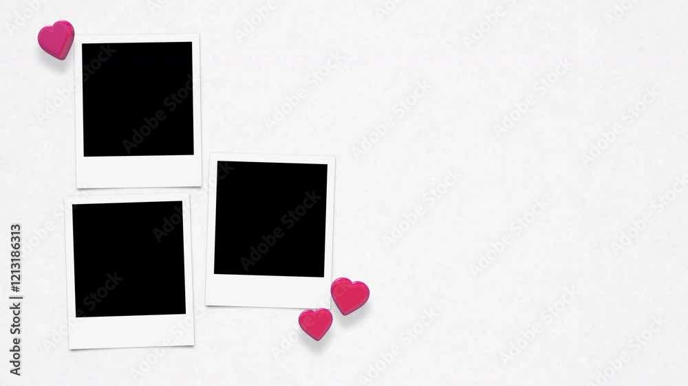 Vintage Instant Photo Frames With Alpha And Floating Hearts On Paper Background Loop
