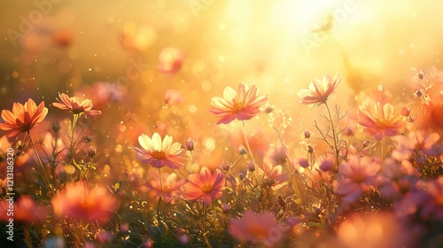 Sunrise illuminating a vibrant flower field, symbolizing new beginnings.