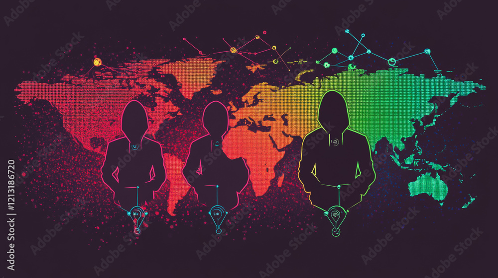 Obraz premium Hacker are planning to hack and attack networks and cyber security systems.team people innovation connection of line from nail node to node on map background , networking concept