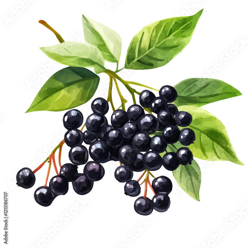 Elderberry Bush with Fruit – Elegant Watercolor Vector Illustration, Berry Bush Design, Nature-Inspired Artwork, Fresh Elderberry Bush with Ripe Fruits Vector.  
