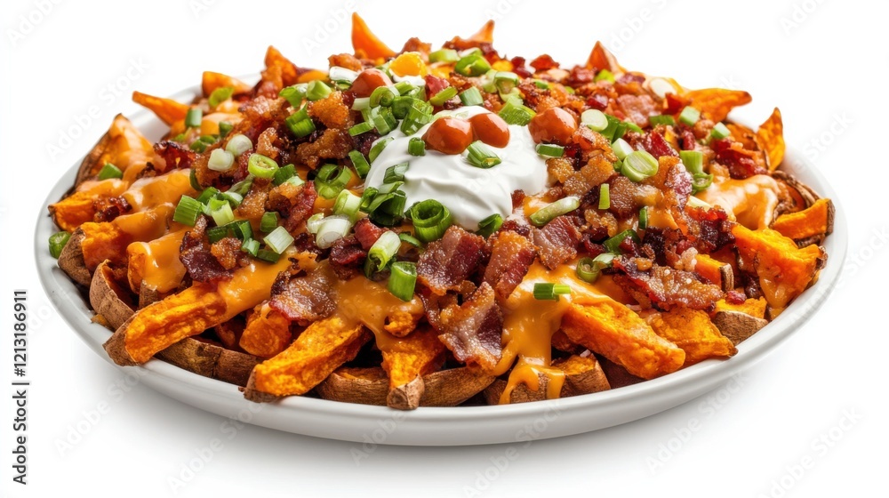 A platter of loaded sweet potato fries topped with melted cheese, crispy bacon bits, green onions A platter of loaded sweet potato fries topped with melted cheese, crispy bacon bits, green onions