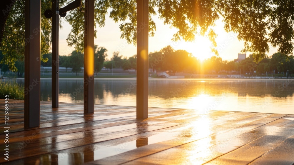 Fototapeta premium Serene lakeside fitness at sunrise for wellness inspiration and outdoor exercise motivation