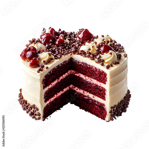 Red Velvet Celebration Cake with Slice Missing on transparent background
