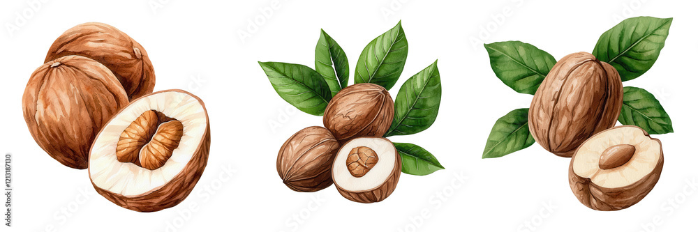 A collection of nuts, showcasing whole and halved varieties with inner kernels and surrounding green leaves. A collection of nuts, showcasing whole and halved varieties with inner kernels and surrounding green leaves.