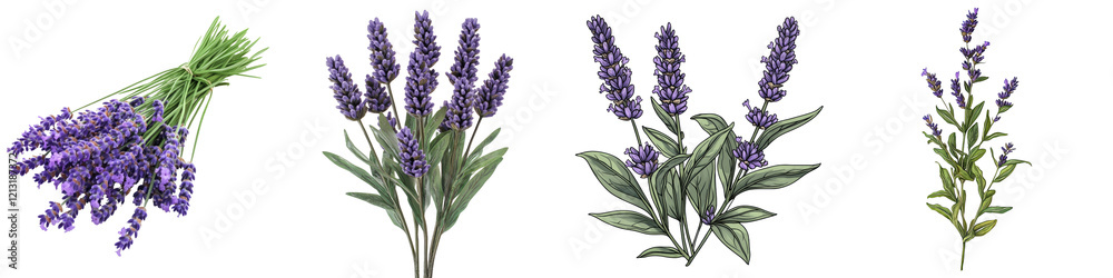 Fototapeta premium Fresh Lavender Sprig – A sprig of fragrant lavender with its signature purple blooms. Isolated on Clear White Background Highly Detailed