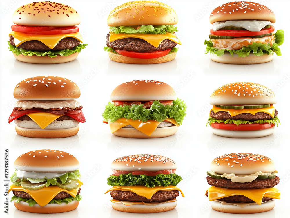 Icônes de burgers en 3D sur fond blanc Icônes de burgers en 3D sur fond blanc