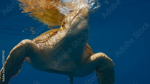 A turtle is moving in the sea, and a crab is on the turtle's shell looking for a mate.