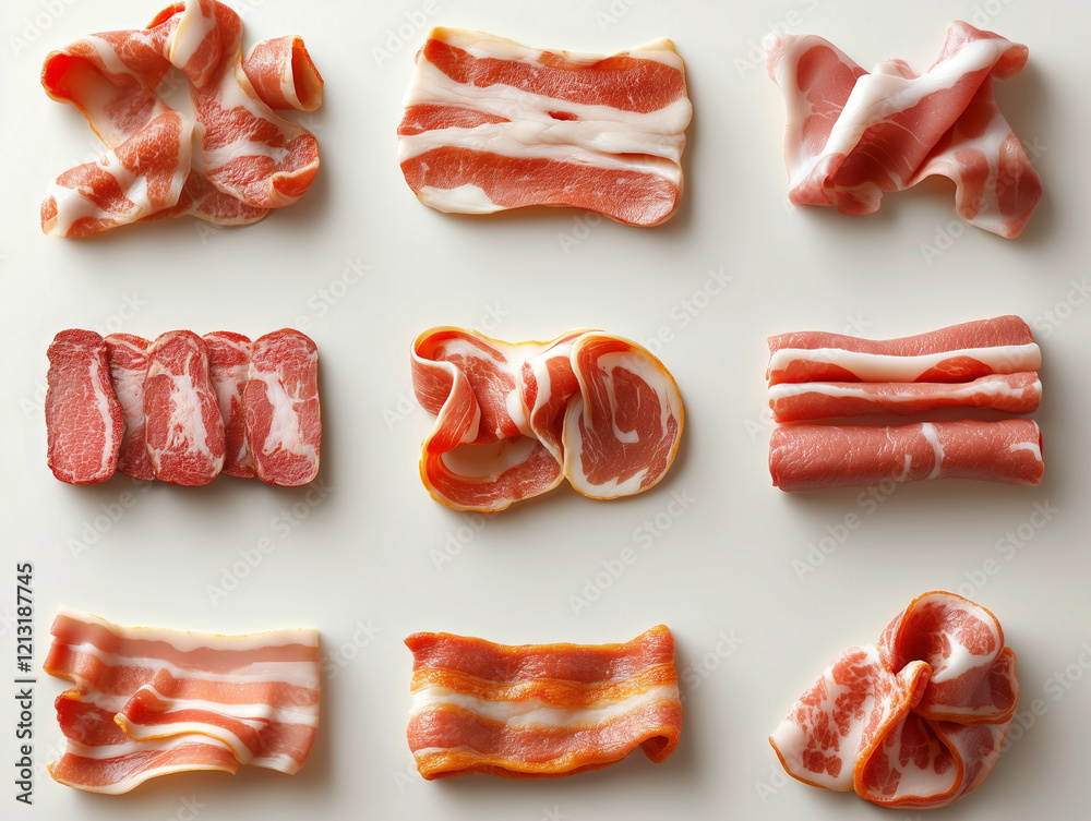 Icônes de bacon crus en 3D sur fond blanc Icônes de bacon crus en 3D sur fond blanc