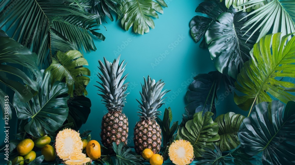 Fototapeta premium Tropical fruits and leaves in a vibrant arrangement