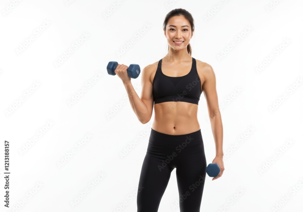 Confident fitness enthusiast in a black sports outfit holding dumbbells, showcasing a fit and toned physique, symbolizing strength, health, and dedication to an active lifestyle in a bright studio set Confident fitness enthusiast in a black sports outfit holding dumbbells, showcasing a fit and toned physique, symbolizing strength, health, and dedication to an active lifestyle in a bright studio set