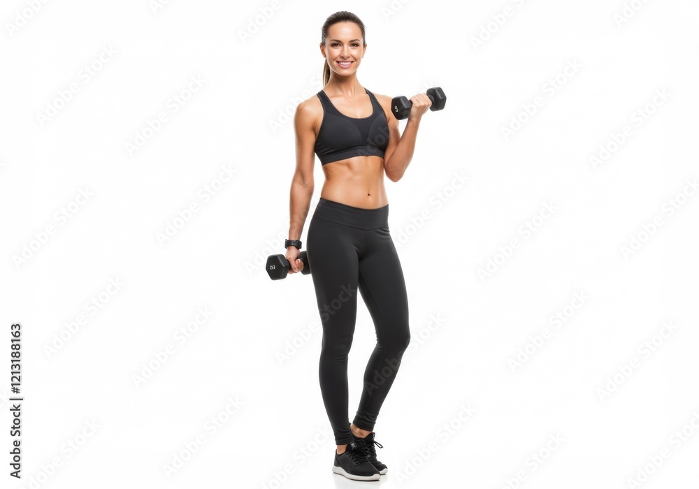 Smiling fitness enthusiast lifting dumbbells in an athletic black outfit, emphasizing a strong and toned physique, promoting a healthy lifestyle and commitment to regular exercise in a bright studio Smiling fitness enthusiast lifting dumbbells in an athletic black outfit, emphasizing a strong and toned physique, promoting a healthy lifestyle and commitment to regular exercise in a bright studio