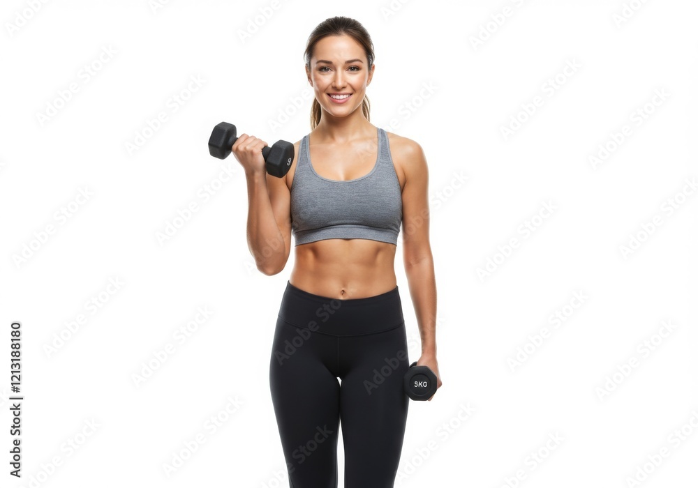 Smiling athletic woman lifting dumbbells in a confident pose, showcasing her toned physique, dedication to strength training, and healthy lifestyle in a bright studio setting Smiling athletic woman lifting dumbbells in a confident pose, showcasing her toned physique, dedication to strength training, and healthy lifestyle in a bright studio setting