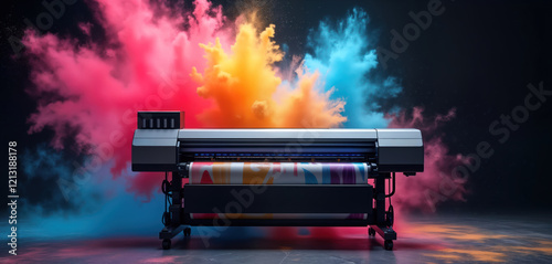Large format printer producing vibrant colours. Advanced tech equipment prints vivid graphics on wide media. Modern machine shows high quality output. Commercial printing in pro office setting. AI