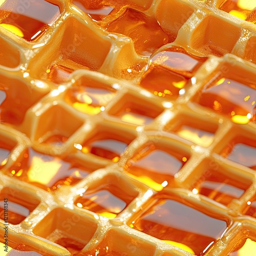 Repeating 3D waffles with syrup pools glowing like molten gold . Seamless abstract 3d pattern background photo