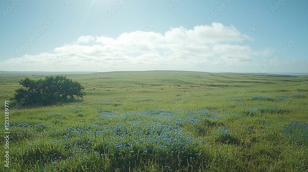Sunny meadow with blue wildflowers and lone tree under a partly cloudy sky. Sunny meadow with blue wildflowers and lone tree under a partly cloudy sky.