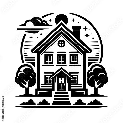 Charming House at Night: A Dream Home in the Suburbs. Peaceful, serene night view of a classic house surrounded by trees under the moonlight.