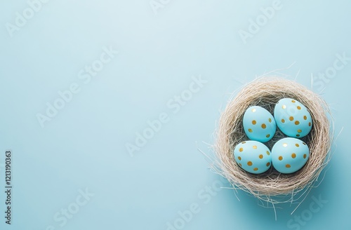 Blue eggs with golden designs in a white nest, viewed from above, creating a fashion Easter background on a blue-colored backdrop photo