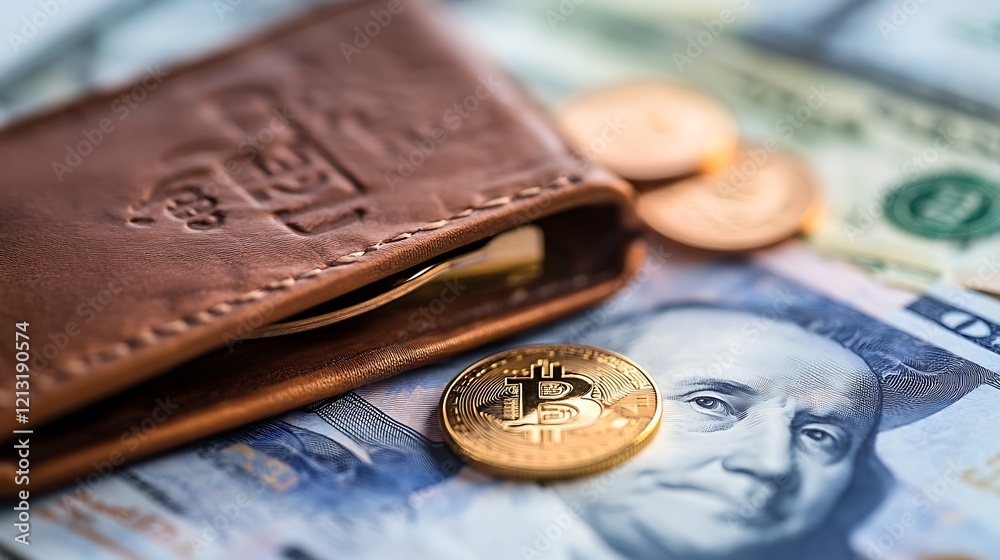 Digital wallet and coins with banknotes highlighting financial wealth and economic increase Digital wallet and coins with banknotes highlighting financial wealth and economic increase