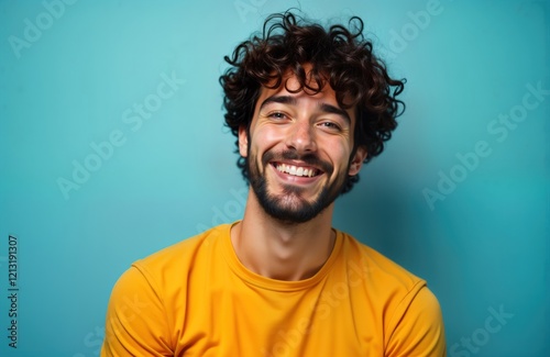 Cheerful young man poses for photo. Indoor portrait against blue background. Happy expression. Attractive dark-haired guy with curly hair, beard. Posing for camera with toothy smile. Wearing yellow