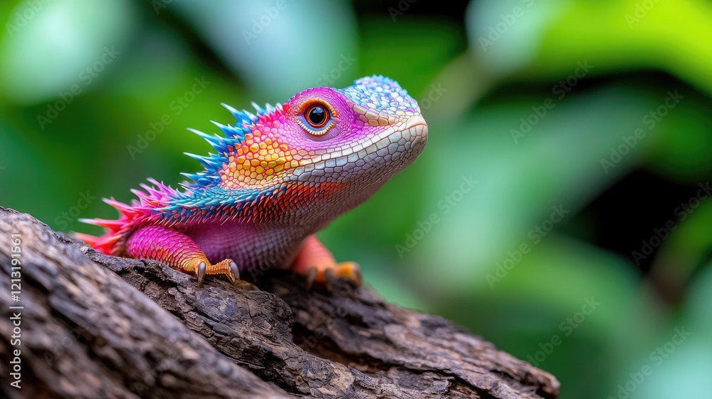 Colorful lizard on wood, jungle background, vibrant reptile Colorful lizard on wood, jungle background, vibrant reptile