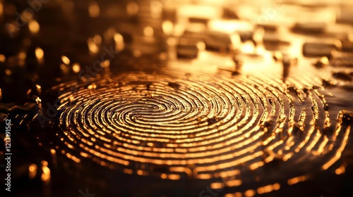 Golden fingerprint whorl pattern, close-up macro shot.