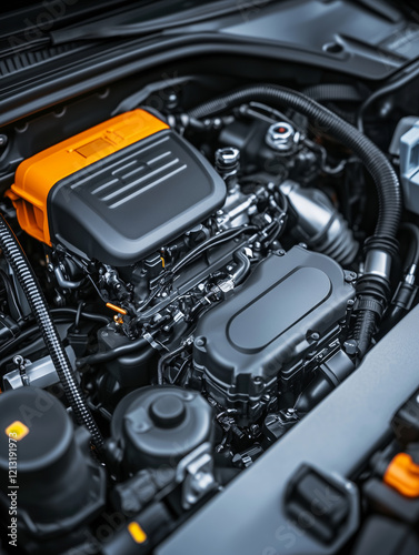 Detailed view of a hybrid vehicle engine bay showing intricate components