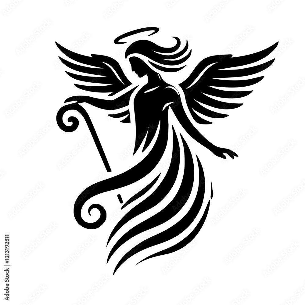 Obraz premium Striking Black and White Angel with Halo and Wings: A Symbol of Faith and Spirituality