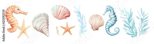 Watercolor illustration of sea shells, starfishes, scallop, and seahorse, isolated on a white background