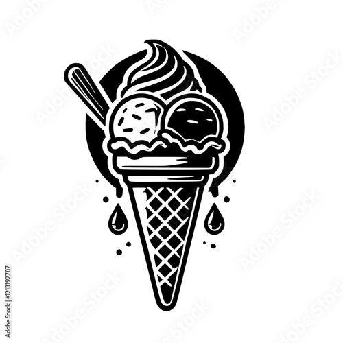 Scrumptious Ice Cream Cone: A Black and White Delight - Cool Summer Treat, Sweet Dessert, Creamy Texture, Chocolate, Vanilla, Strawberry Flavors