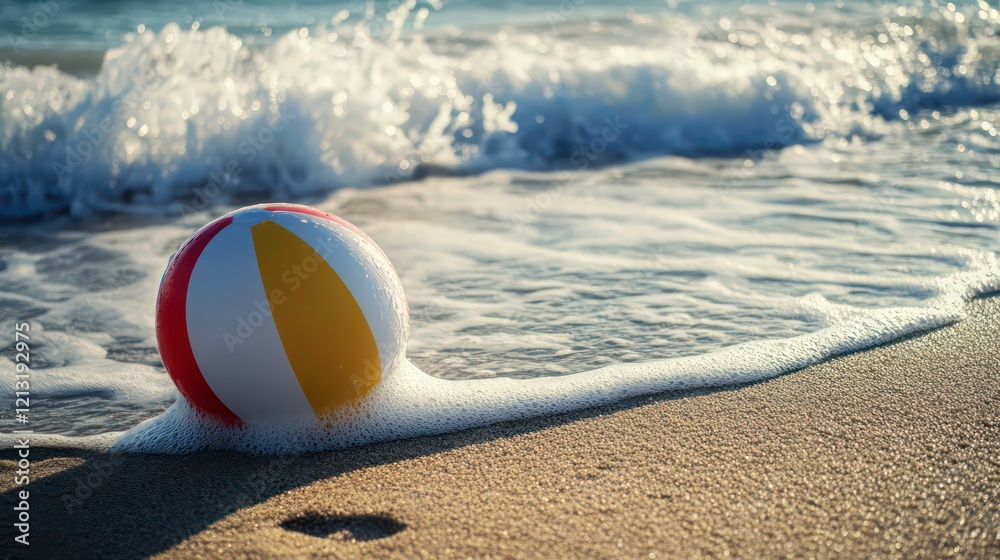 Beach ball partially submerged in ocean wave foam on sandy shore. Beach ball partially submerged in ocean wave foam on sandy shore.