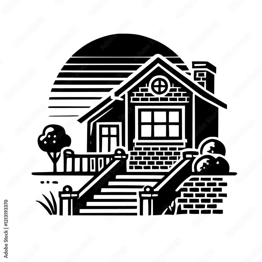 Obraz premium Monochromatic House Illustration: Minimalist Black and White Home Design with Sunset Backdrop