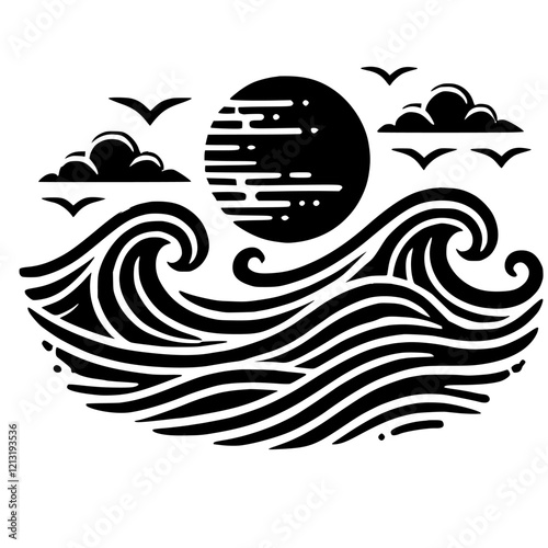 Abstract Seascape: Monochromatic Ocean Waves, Sun, and Birds. Minimalist Coastal Art Print. Black and White Graphic Design.