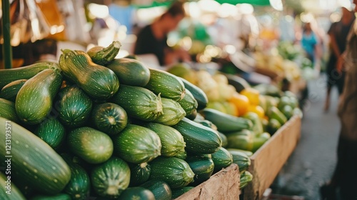 Vibrant farmer's market display, colorful array of fresh vegetables, bustling atmosphere, perfect for healthy lifestyle themes.