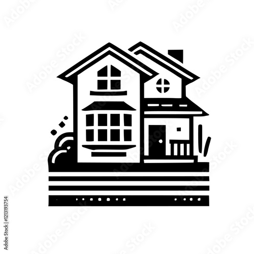 Monochrome House Illustration: A Modern Home Design.  Stylish black and white graphic of a residential house, perfect for real estate, home decor, or architectural design projects.