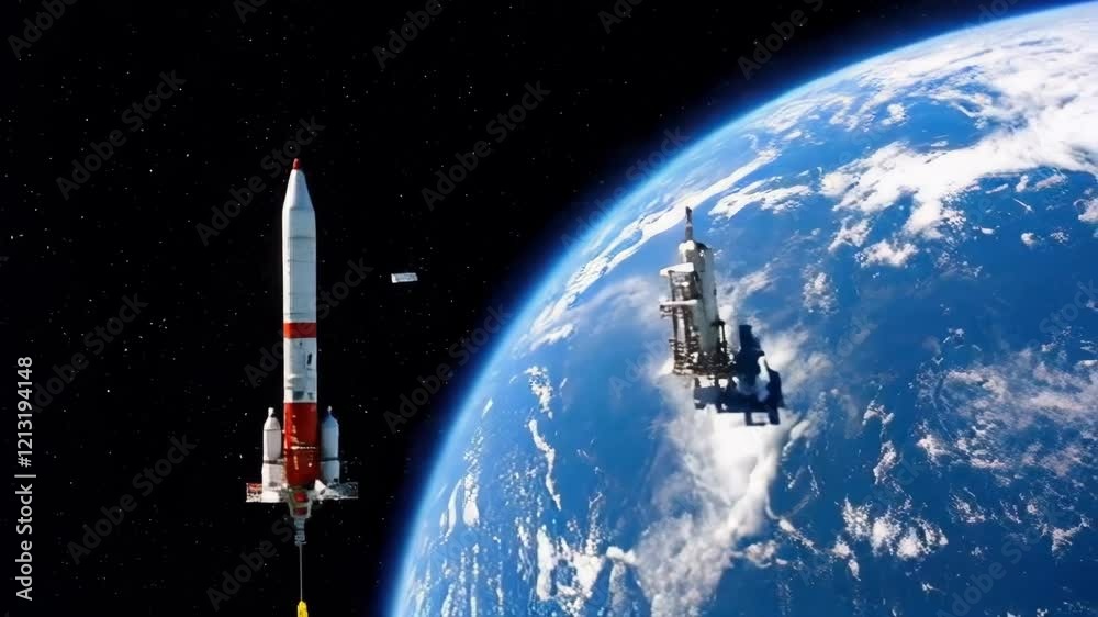 A rocket is flying in the sky above a planet. The rocket is small and red and white