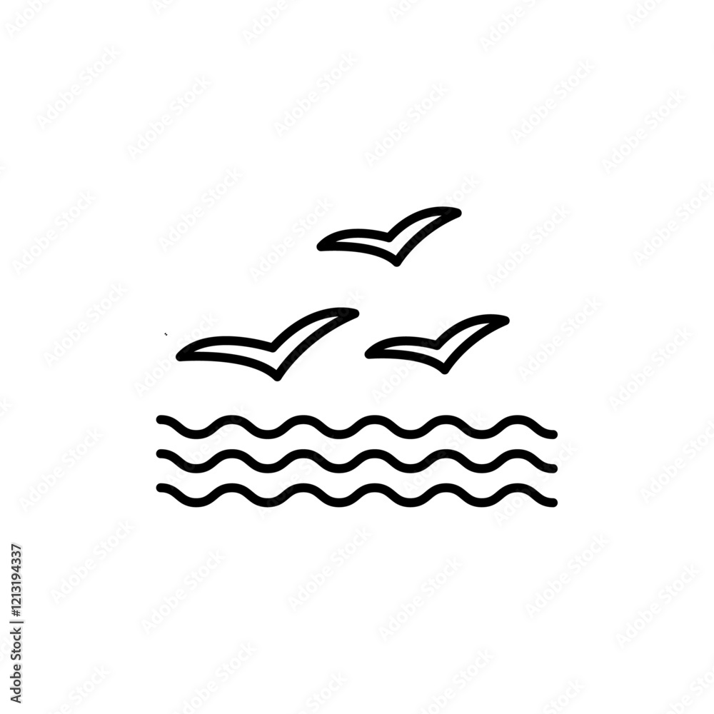 Sea with seagull icon black and white vector sign